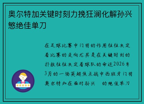 奥尔特加关键时刻力挽狂澜化解孙兴慜绝佳单刀
