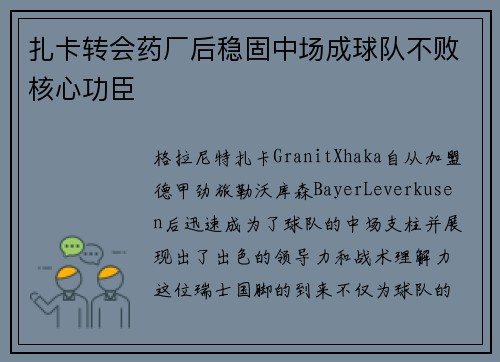 扎卡转会药厂后稳固中场成球队不败核心功臣 扎卡转会药厂后稳固中场成球队不败核心功臣