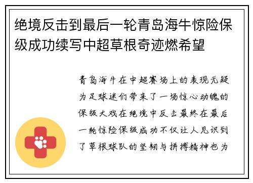 绝境反击到最后一轮青岛海牛惊险保级成功续写中超草根奇迹燃希望 绝境反击到最后一轮青岛海牛惊险保级成功续写中超草根奇迹燃希望